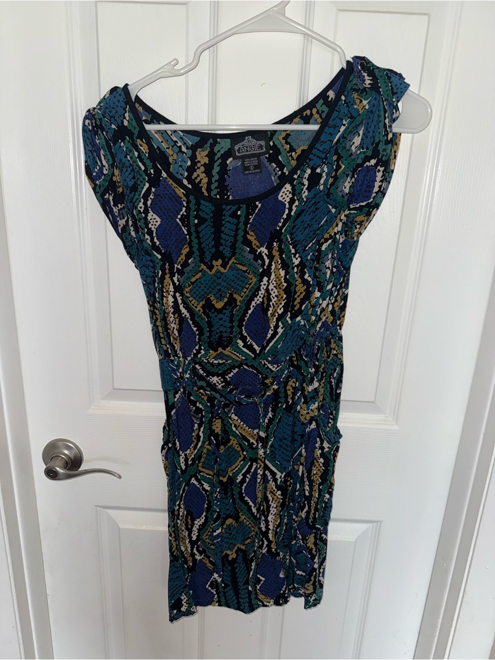 Angie Teal, Blue and Gold Patterned Midi Dress